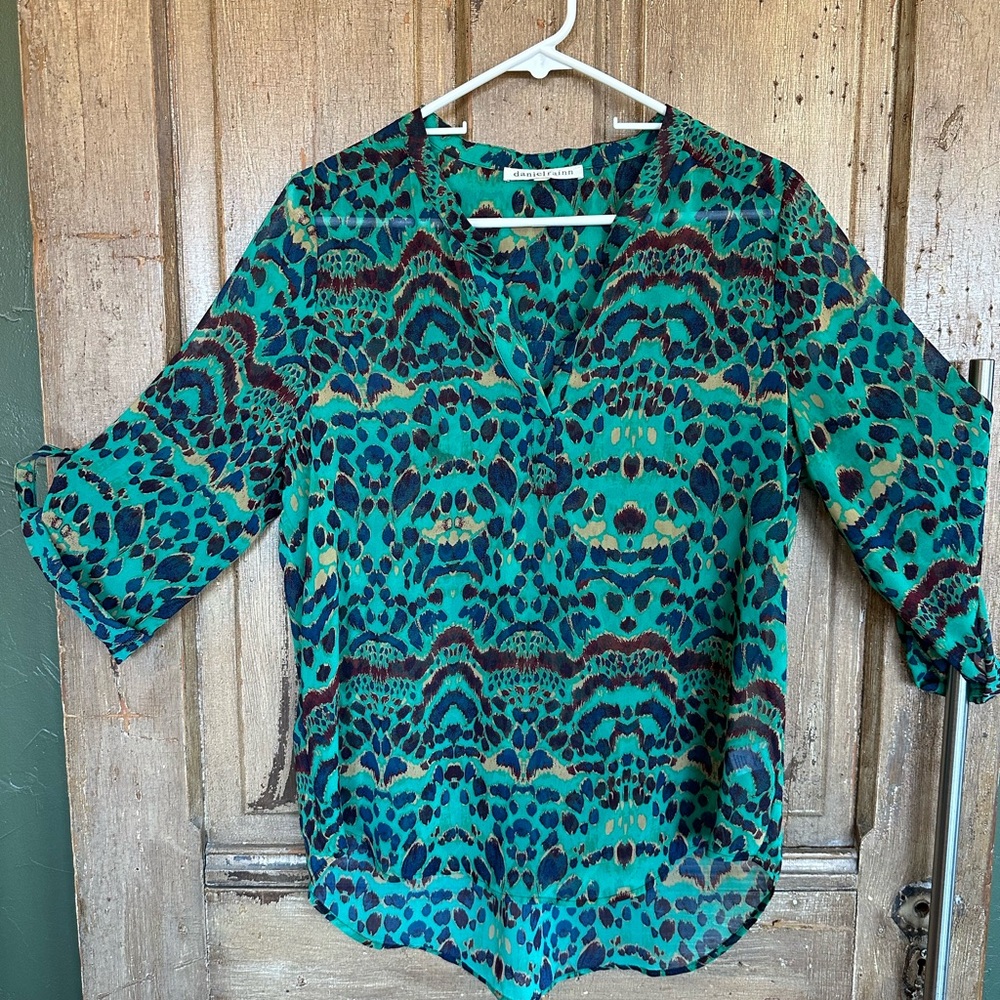 Daniel Rainn Green & Black Vibrant Sheer Blouse with Mandarin Collar